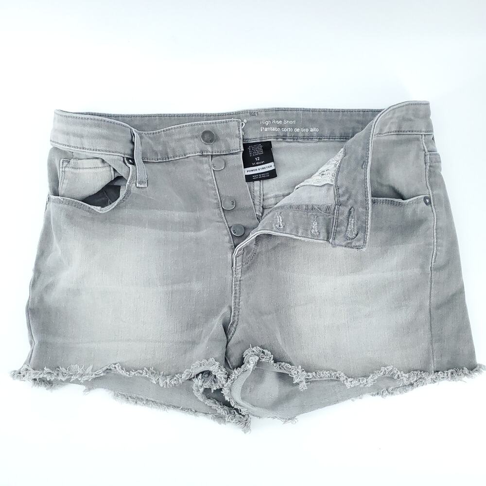 Mossimo 12 High Rise Gray Stonewash Raw Hemline Button Fly Stretchy Short